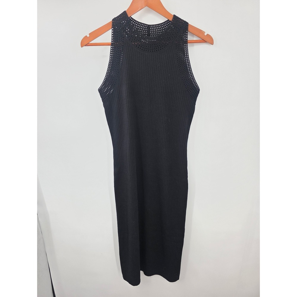 Lucky Brand Black Ribbed Knit High Neck Sleeveless Crochet Trim Midi Dress Med